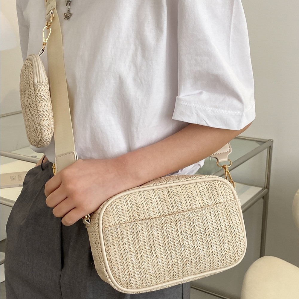 SHEIN Minimalist Bag with Mini Coin Purse, Straw purse,Beach bag,ONE SIZE, Beige